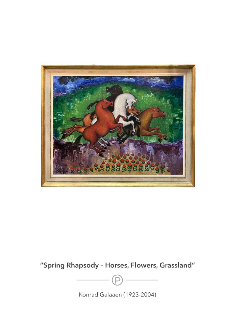 May include: An oil painting titled "Spring Rhapsody" depicts a vibrant scene of horses galloping across a green landscape. The artwork features a gold frame and a colorful array of flowers at the bottom. The painting is signed by Konrad Galaaen.