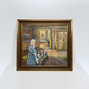 c.1930/40s Oil Painting &quot;Old Woman at Spinning Wheel&quot; by Hjalmar Anthony (1894-?), Norwegian Classic Art, farmhouse / cottage interior