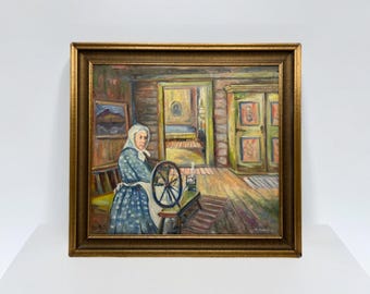 c. 1930/40s Óleo "Anciana en la rueca" de Hjalmar Anthony (1894-?), arte clásico noruego, interior de casa de campo/cabaña