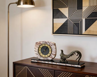 Reloj de sobremesa Art Déco de mármol y peltre con forma de faisán, c. 1920-1930, Francia