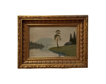 1800s Oil painting "Norwegian landscape/Pine tree near water", antique Norwegian/Scandinavian national romance art, oil on hardboard