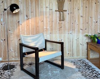 Sillón Diana Safari de Karin Mobring, década de 1970, diseño moderno escandinavo de mediados de siglo, de pino y lona, Suecia.