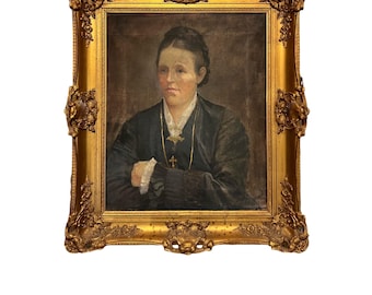 Museum Piece-Dated 1894 Oil Painting "Portrait of Farmers Wife" Norwegian Classic Fine Art, Primitive art with Gold gilt wooden frame