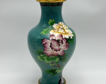 Jarrón/urna chino antiguo/vintage de cloisonné, bronce, azul, con motivos florales y de pájaros.