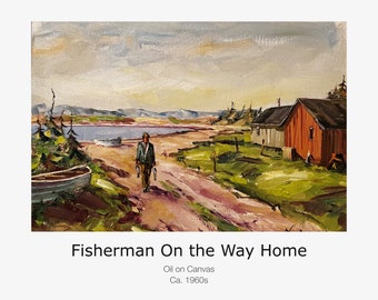 Ca. 1960s Norwegian/Scandinavian Oil Painting "Fisherman On the Way Home", Oil on canvas, Gold gilt wooden frame