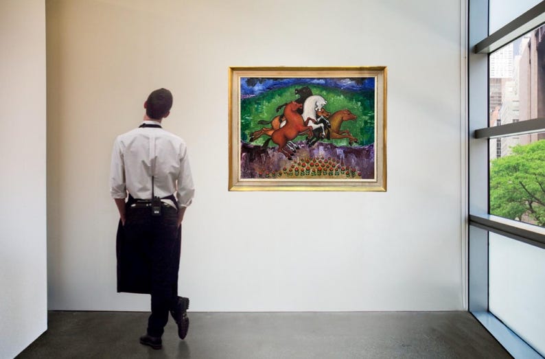 May include: A framed painting depicting three horses in motion, with riders, set against a green and blue landscape. The artwork is displayed in a gallery setting, with a person in the foreground.