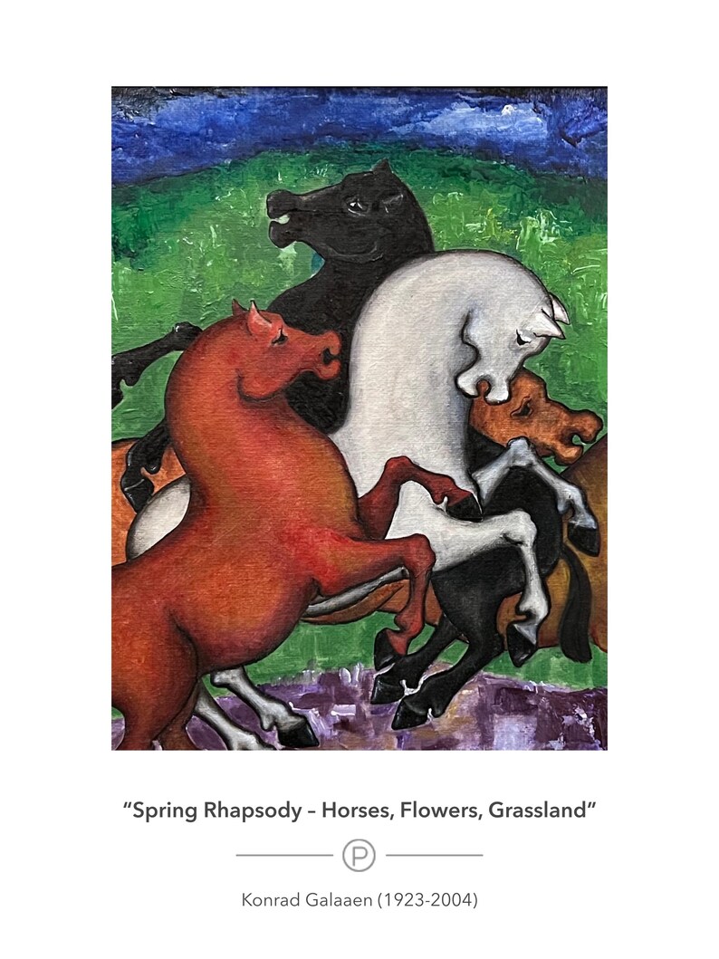 May include: An abstract painting titled "Spring Rhapsody" featuring several horses in shades of red, black, white, and brown. The background shows green grass and a blue sky. The artist's name and dates are below the painting.