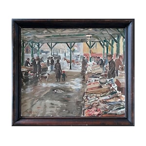 1930/40s Arthur Meyer (1907-1984) Oil on Canvas &quot;Fish Market in Trondheim&quot;, Famous Norwegian artist, Scandinavian Fine Art