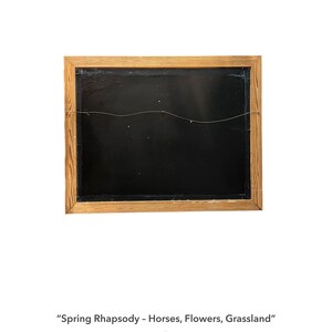 May include: A framed artwork with a dark background and a light brown wooden frame. The artwork is titled "Spring Rhapsody - Horses, Flowers, Grassland" by Konrad Galaaen (1923-2004).