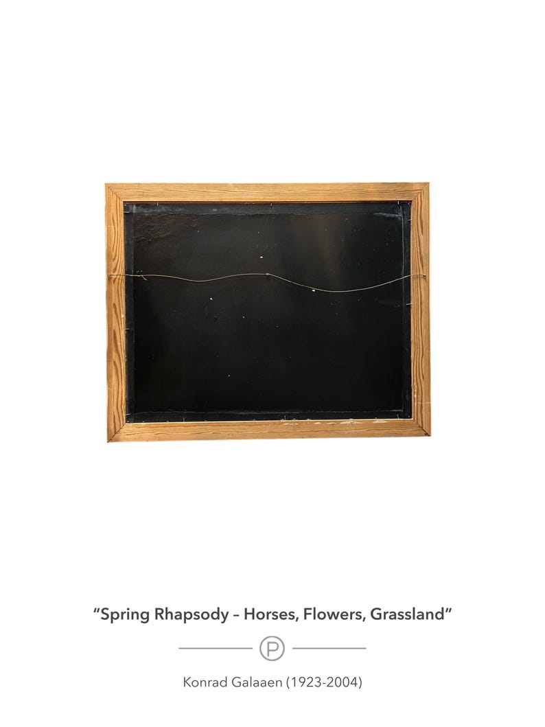 May include: A framed artwork with a dark background and a light brown wooden frame. The artwork is titled "Spring Rhapsody - Horses, Flowers, Grassland" by Konrad Galaaen (1923-2004).