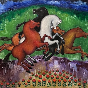 May include: An oil painting depicts a group of horses in motion. The horses are in various colors, including red, brown, black, and white, set against a green and purple landscape. Red flowers are at the bottom.