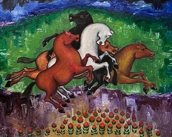 1993 Pintura al óleo "Rapsodia de primavera: caballos, flores, pradera" de Konrad Galaaen (Noruega, 1923-2004), Arte Moderno Noruego/Escandinavo