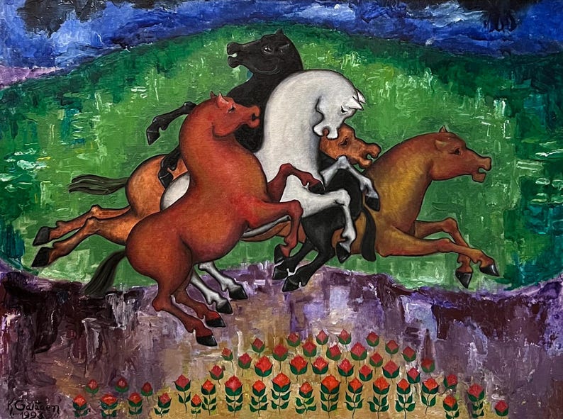 May include: An oil painting depicts a group of horses in motion. The horses are in various colors, including red, brown, black, and white, set against a green and purple landscape. Red flowers are at the bottom.