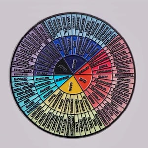 May include: A circular diagram showing a spectrum of emotions, with words like 'happy', 'sad', 'fear', and 'anger' at the centre. The wheel is colour-coded, with associated feelings in different segments.