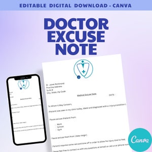 Canva Template work excuse Doctor excuse note doctor office editable template digital download school excuse note dentist excuse note print