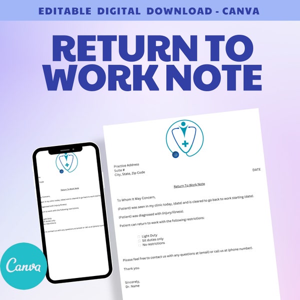 Canva Template Doctor Office Work Release Print Return to Work Doctor Note Return to Highschool Note Digital Download Medical Return to Duty