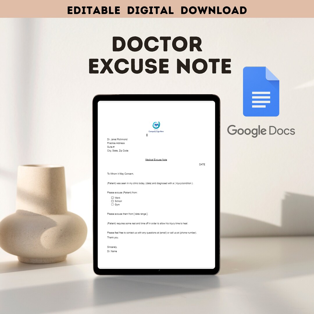 Doctor Excuse Note Digital Download Work Excuse Note Doctor Office Editable Template Digital ...