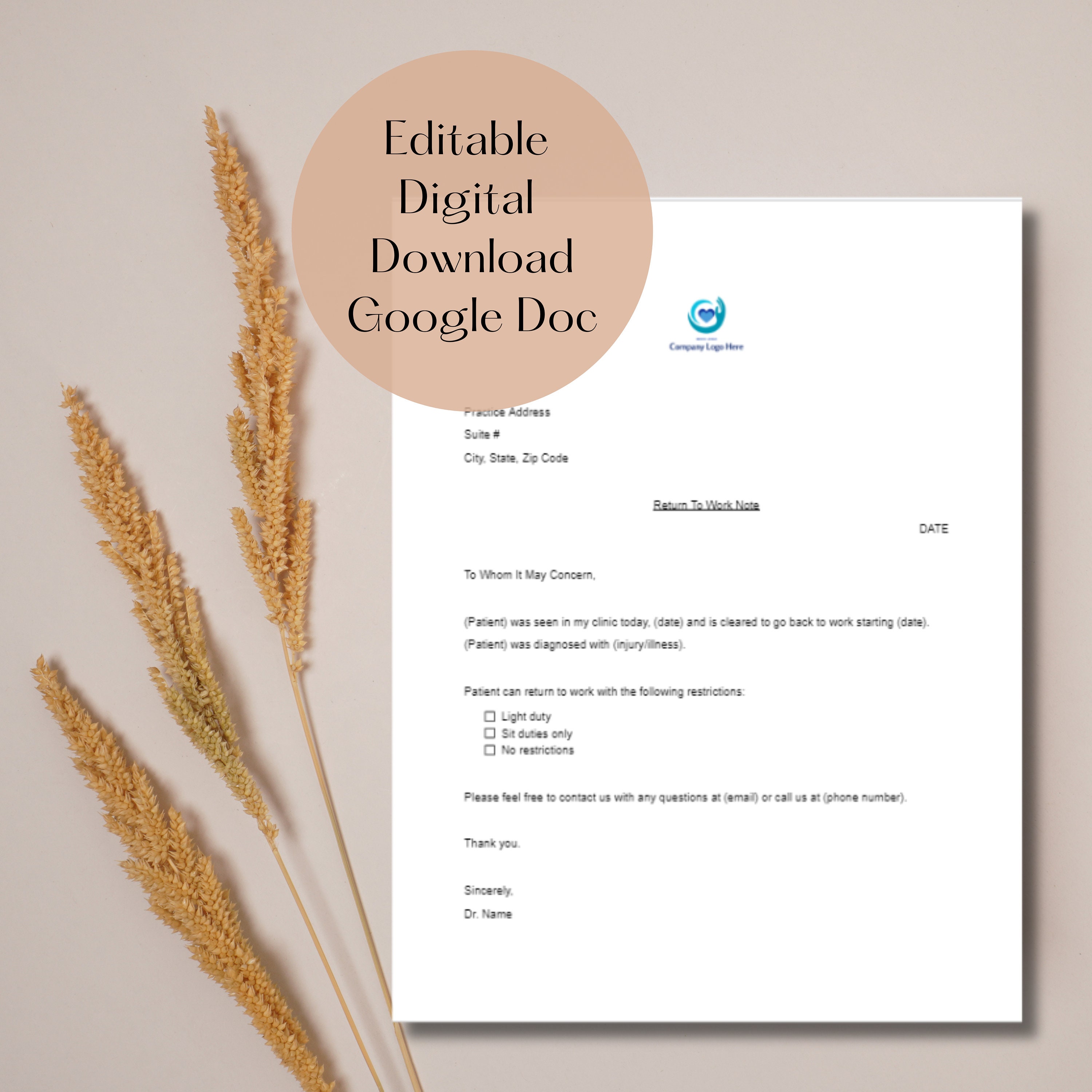 Return to Work Doctors Note Template Doctor Office Work Release ...