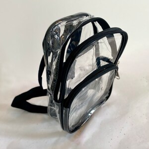May include: Clear plastic backpack with black straps and zips. The backpack has two main compartments and a small zipped pocket on the front.