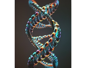 May include: A canvas print displaying a colourful, abstract representation of a DNA double helix. The artwork features a helix with a gradient of teal, orange, and purple hues, set against a dark backdrop. The design is intricate and artistic.