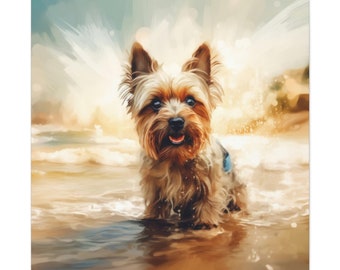 Yorkshire Terrier at the Beach, Yorkie Watercolor, Dog Artwork, Yorkie Wall Art, Fun Dog Artwork, Gifts for Yorkie Moms, Dog Wall Decor
