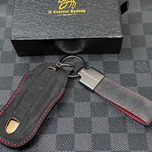 Premium Alcantara Nappa Leather Key Fob Cover Case keychain Pack For Porsche Taycan model Custom Made Exclusive Gift