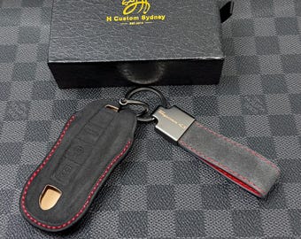 Premium Alcantara Nappa Leather Key Fob Cover Case keychain Pack For Porsche Taycan model Custom Made Exclusive Gift