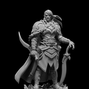 以下が含まれることがあります： 長い流れるようなマントを着て、剣と短剣を持っている人物のグレーの細かいミニチュアフィギュア。フィギュアは円形のベースの上に立っています。