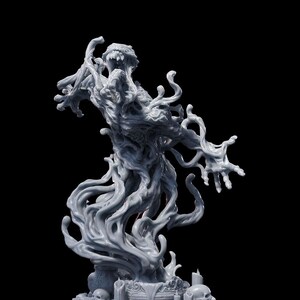 May include: A gray, detailed, 3D printed miniature of a creature made of swirling, tendrils. The creature is standing on a base with skulls and candles.
