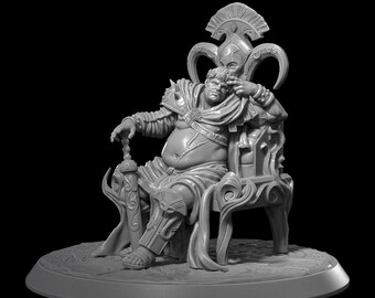 Pode incluir: Uma escultura em miniatura cinza, detalhada, de uma figura sentada que usa armadura e uma coroa. A figura está segurando uma espada em uma mão e tem uma expressão séria no rosto.