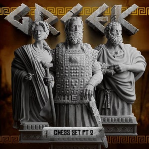 May include: A set of three gray painted figurines depicting a Greek warrior, a Greek woman, and a Greek man. The figurines are standing on a base with the text "Chess Set Pt 2" on it. The background is a brown and gold color.