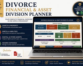 May include: A laptop displaying a Divorce Financial & Asset Division Planner spreadsheet. The screen shows sections for assets, debts, net worth, and agreement status. The interface includes tabs for assets, property, liabilities, and shared expenses.