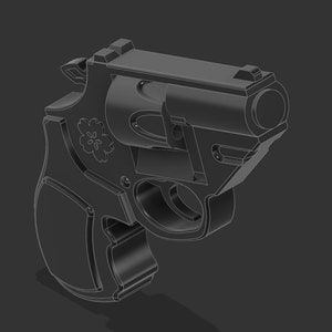May include: A black and gray 3D model of a small revolver with a floral design on the side.