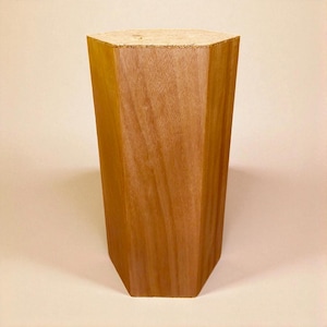 May include: A solid, wooden furniture leg with a hexagonal shape. The leg is made of light brown wood and has a natural wood grain. The leg is tapered, wider at the top and narrower at the bottom.