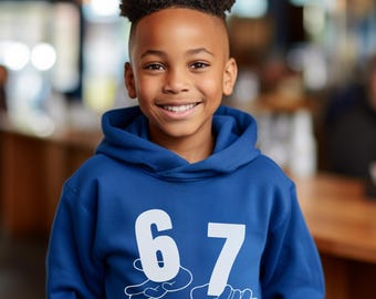 Six Seven Youth Size Hoodie, Trend Shirt, Gift for Boys, Gift for Girls, Meme Shirt, Viral Tee, 6 7 Meme Sweater, Gen Alpha, solid wht