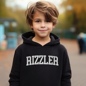 Rizzler Youth Size Hoodie, Trendy Shirt, Gift for Boys, Gift for Girls, Meme Shirt, Funny Sweater, Skibidi Sigma, Gyat, Gen Alpha, wht ltr