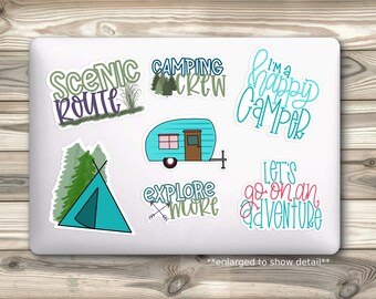 Outdoor Adventure Stickers-Camping Water Bottle Stickers-Happy Camper-Retro Camper Stickers-Camping Tumbler Stickers-Camping Laptop Stickers