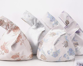 Embroidered Moth Orchid Japanese Knot Bag, Floral Wristlet Pouch,Evening Wedding Bridesmaid  Gift Tote