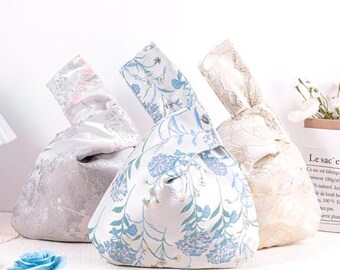 Floral Japanese Knot Bag, Embroidered Wrist Bag,Evening Wedding Favor Bridesmaid Bag