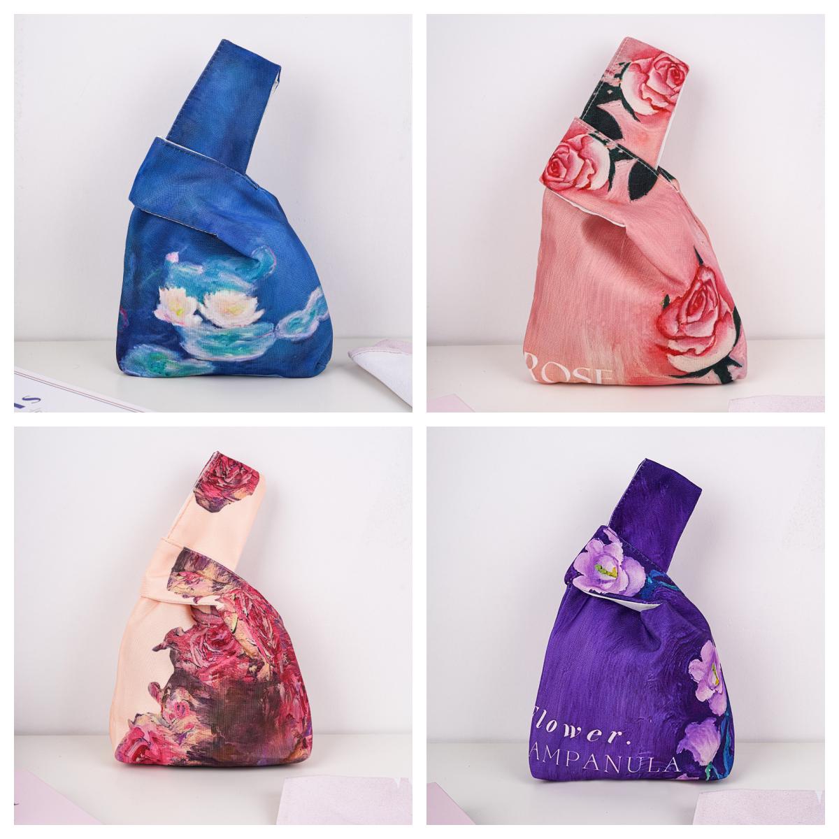 Japanese Knot Bag, Cotton Water Lily Print, Small Wrist  display picture 1