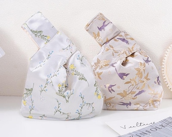 Romantic Floral & Bird Embroidery Soft Satin Japanese Knot Bag,  Evening Wedding Bridesmaid Gift Wrist Pouch