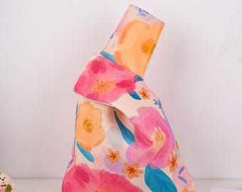 Japanese Knot Bag, Floral Cotton Wrist Pouch, Evening Wedding Tote
