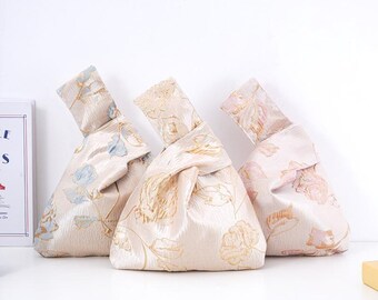 Floral Japanese Knot Bag • Rose Embroidered Satin Wrist Bag, Bridal Wedding Favor