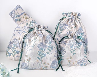 Blue Hydrangea Brocade Drawstring Favor Bags, Embroidered Satin Evening Wedding Bridesmaid Gift Pouch