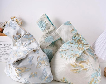 Floral Japanese Knot Bag, Embroidered Satin Wrist Bag, Wedding Favor Bridesmaid Gift