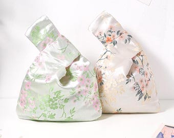 Spring Floral&Bird Embroidery Soft Satin Japanese Knot Bag,  Evening Wedding Bridesmaid Gift Wrist Pouch