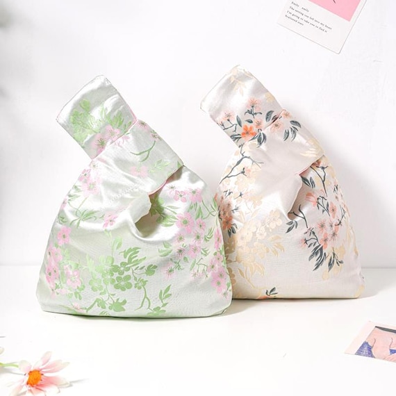 Spring Floral&Bird Embroidery Soft Satin Japanese Knot Bag,  Evening Wedding Bridesmaid Gift Wrist Pouch