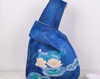 Japanese Knot Bag, Cotton Water Lily Print, Small Wrist Pouch, Evening Wedding Bridesmaid Tote
