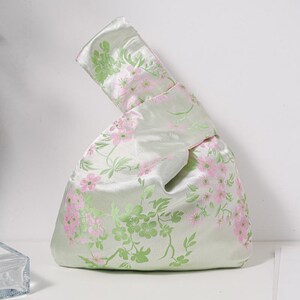 Spring Floral&Bird Embroidery Soft Satin Japanese Knot Bag, Evening Wedding Bridesmaid Gift Wrist Pouch Plum Blossom-Green