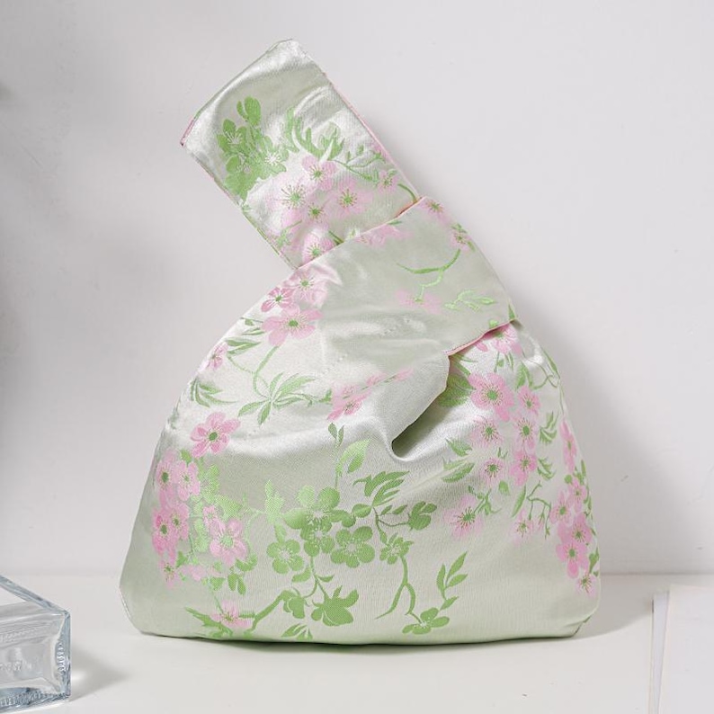 Spring Floral&Bird Embroidery Soft Satin Japanese Knot Bag, Evening Wedding Bridesmaid Gift Wrist Pouch Plum Blossom-Green